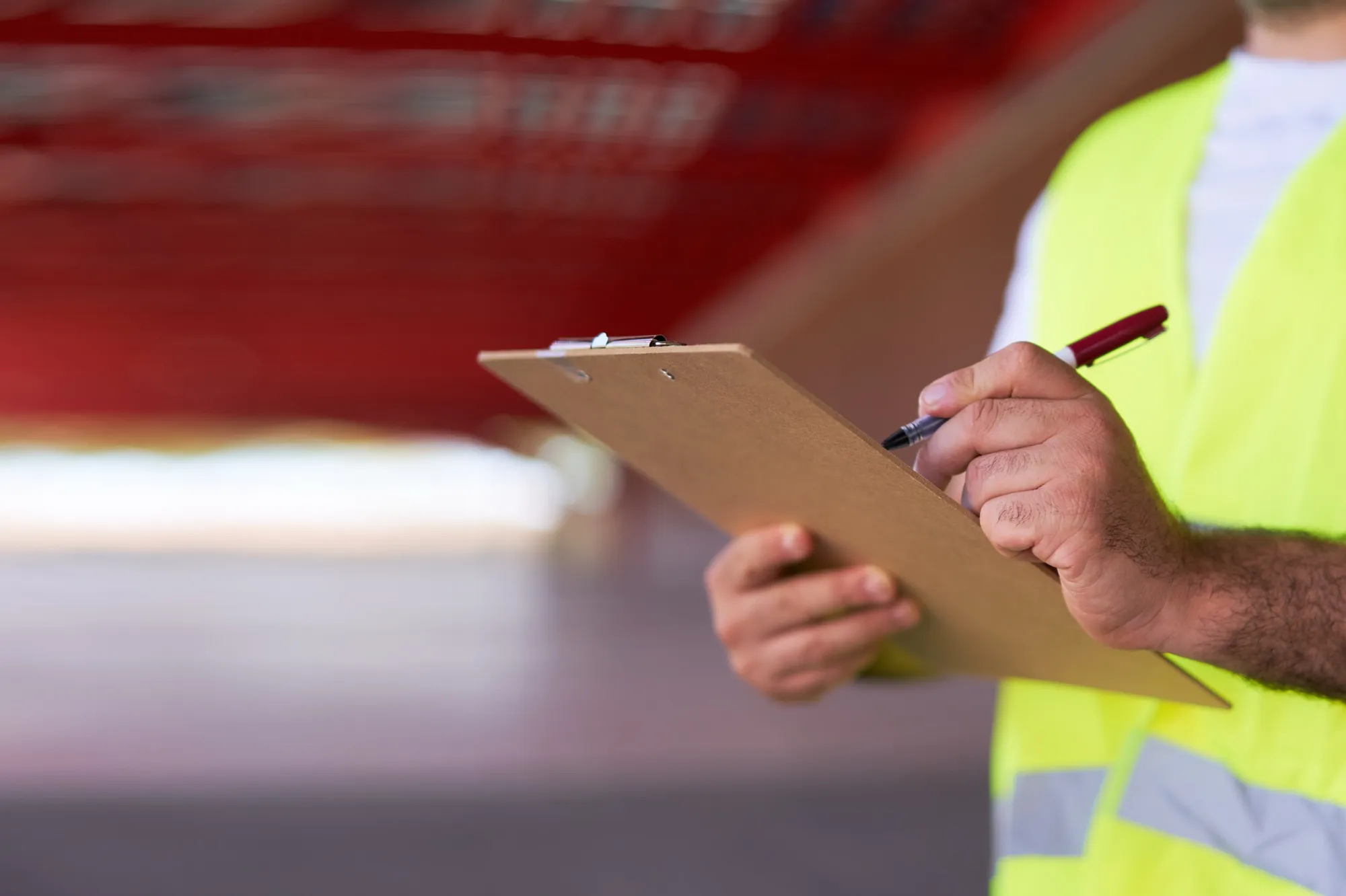 Ingenieur mit Klemmbrett bei einer Gebäudebegehung